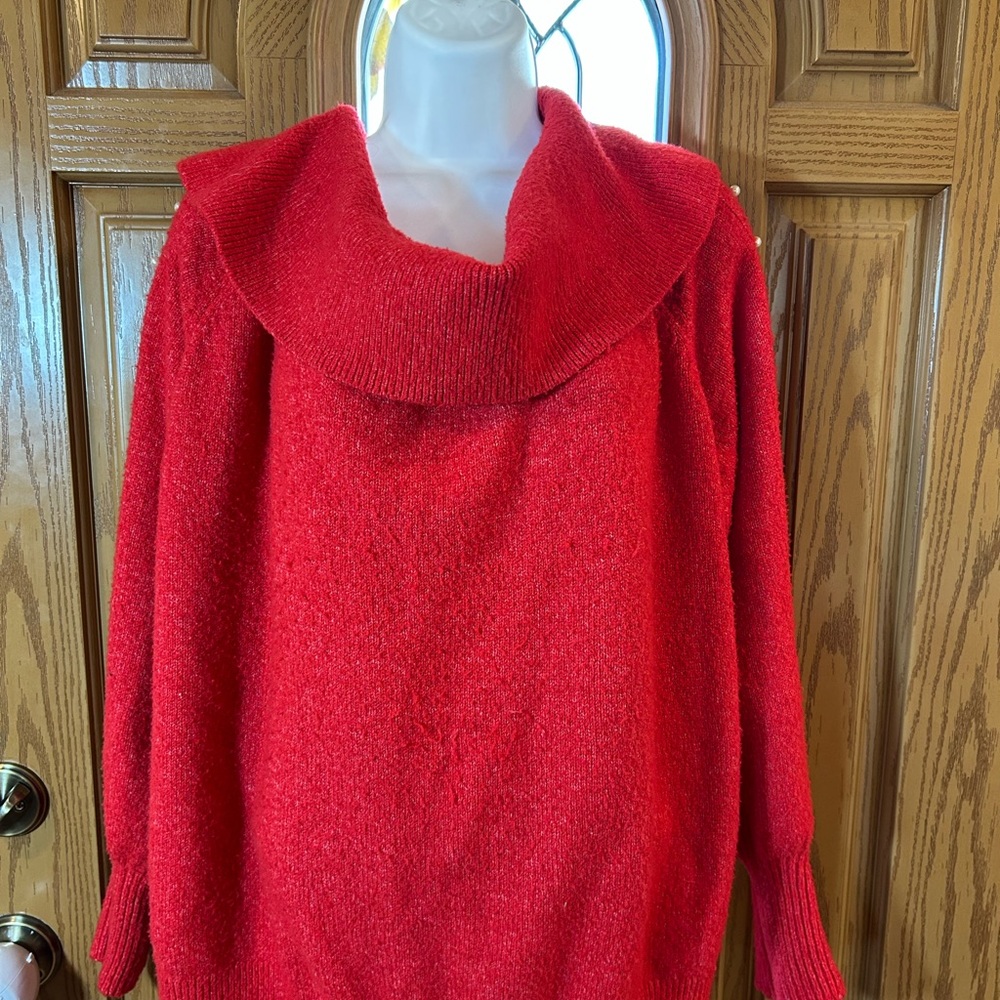Crown & Ivy Vibrant Red Cowl Neck Sweater Pearl accents XXL